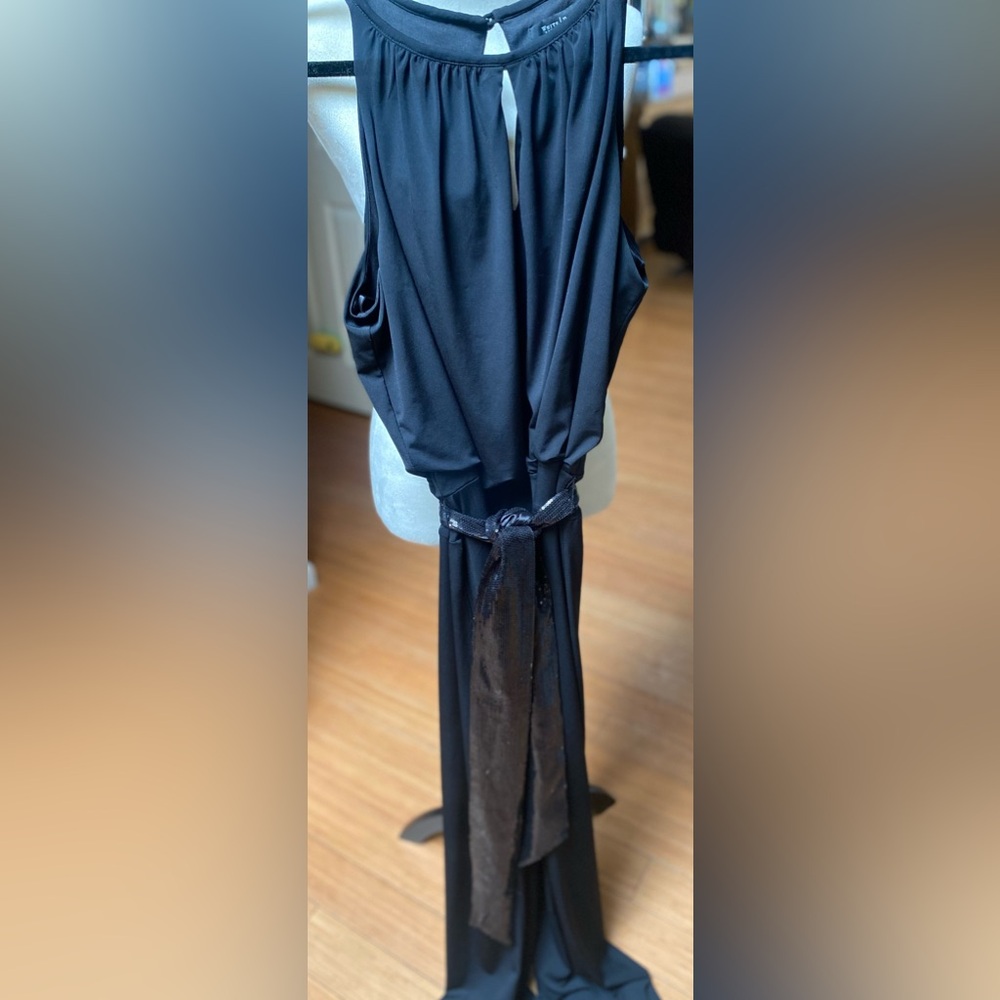 Black jumpsuit with black tie and black sequin tie options.